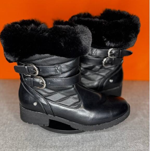 JONES NEW YORK Black Faux Fur Silver Buckles Zip Boots Size 9.5 - Picture 1 of 8